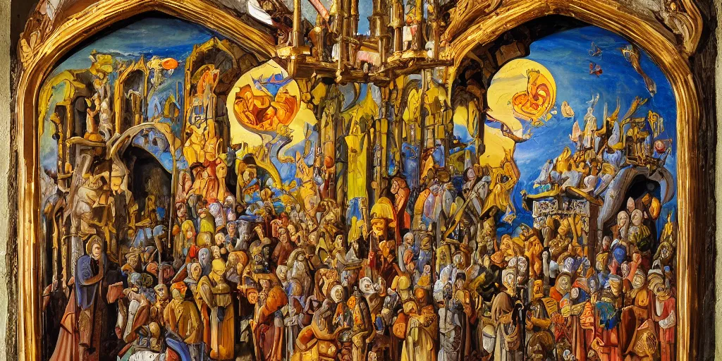 Image similar to Medieval religious oil painting of the cat god reborn under the holy light high up in a Gaudí style church surrounded by his subjects and armies, harmonious color scheme