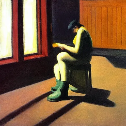 Prompt: cat putting on work boots, edward hopper painting, dark tones