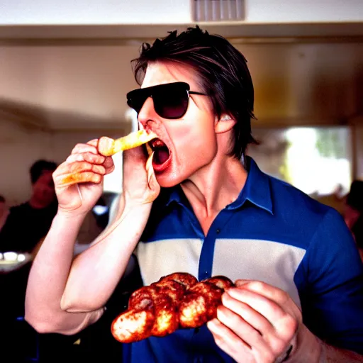 Prompt: photo of tom cruise eating a sausage, cinestill, 8 0 0 t, 3 5 mm, full - hd