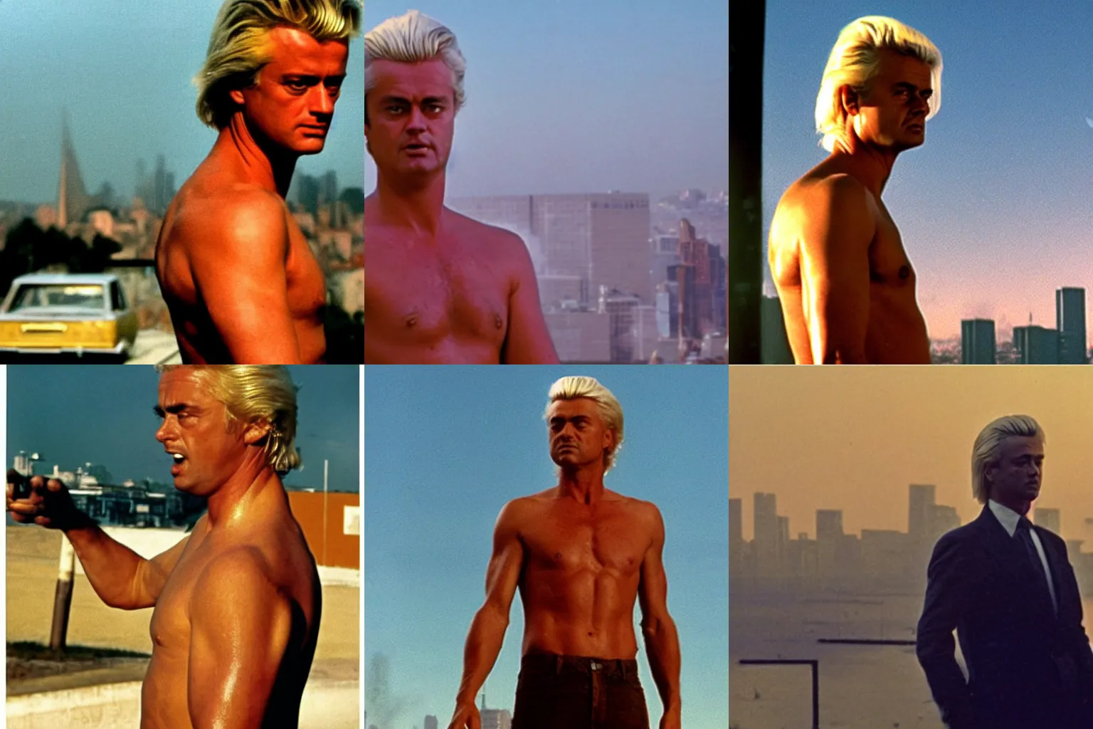 Prompt: Geert Wilders shirtless looking at a city exploding, Stalker (1979) by Andreï Tarkovski, golden hour, cinémascope, epic ultrawide shot, cinémascope