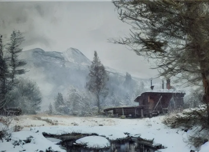 Image similar to oil painting, snow blizzard in woodland meadow, log cabin, smoke billowing from chimney, water stream, water wheel, oak trees, pine trees, wooden bridge, mild breeze wind, mountain in background, high detailed art by anders zorn, wonderful masterpiece by greg rutkowski, beautiful cinematic light, american romanticism by greg manchess, creation by tyler edlin