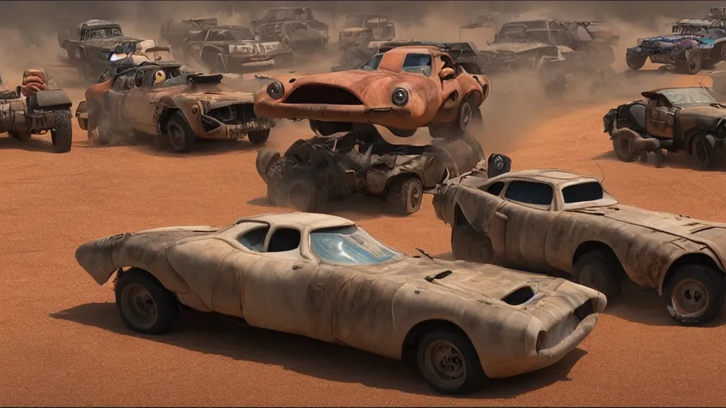 Image similar to mad max cars in a pixar movie