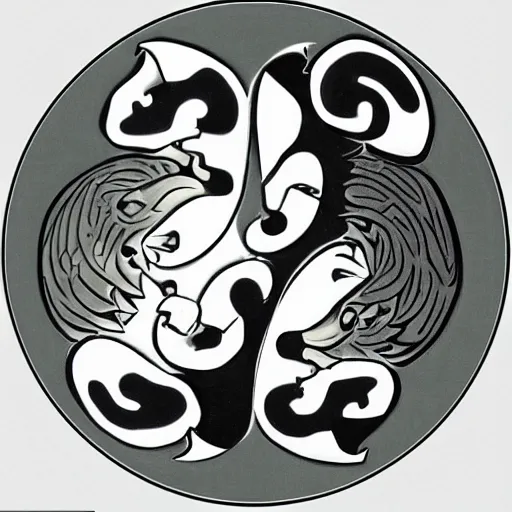 Prompt: monkey and horse forming the shape of Tai Chi, YinYang shaped, super details