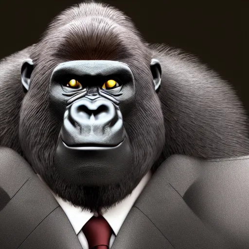 Image similar to happy gorilla wearing a suit carrying a briefcase in the style of pixar, volumetric lighting, redshift render, 4 k, detailed