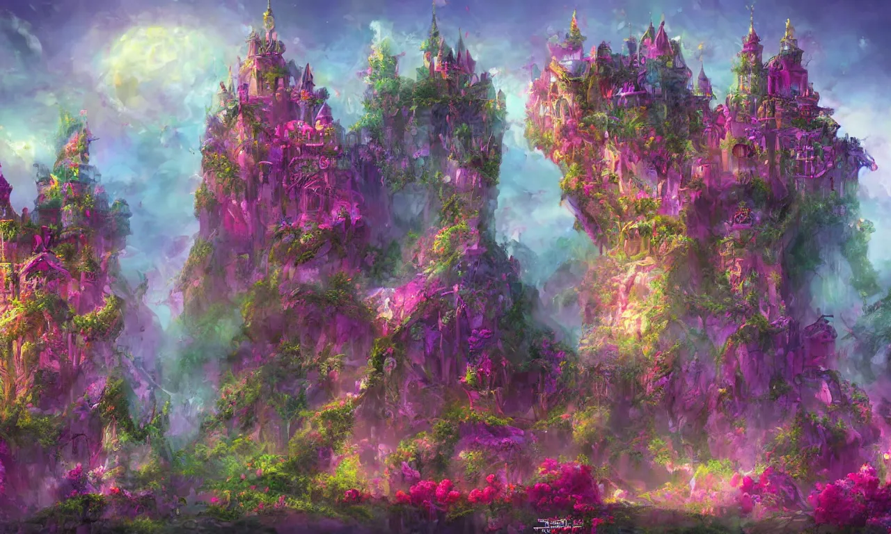 Prompt: concept art of the colorful rose castle, spectacular, magnificent, fantasy, by georgia hart and osnat fine art,