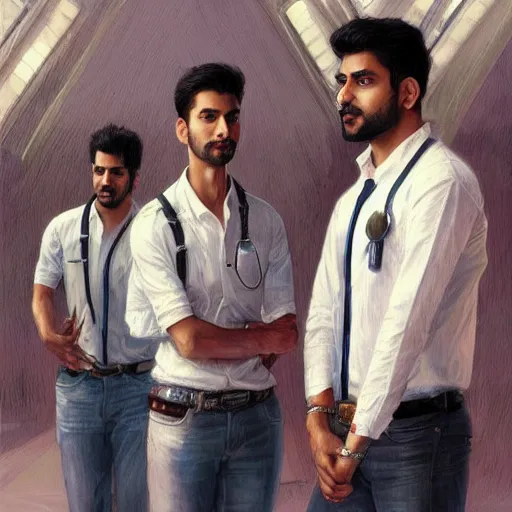 Image similar to Anxious good looking pale young Indian doctors wearing jeans and shirts at the airport, portrait, elegant, intricate, digital painting, artstation, concept art, smooth, sharp focus, illustration, art by artgerm and greg rutkowski and alphonse mucha