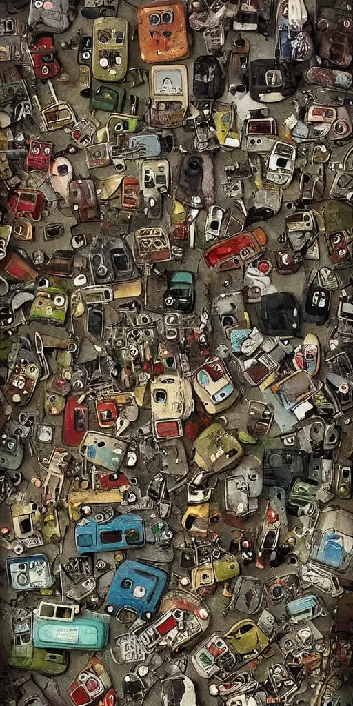 Image similar to a mobile phone junkyard scene by alexander jansson and where's waldo