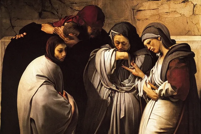 Image similar to 3 women mourning at the tomb of christ, caravaggio, rubens