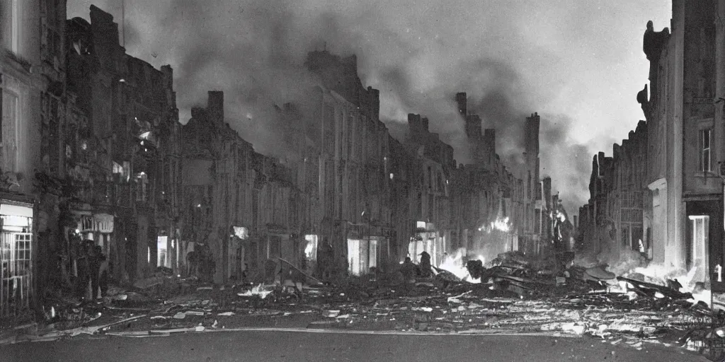 Image similar to a colour photo taken at night of saint - malo street on fire after a bombing in 1 9 4 5