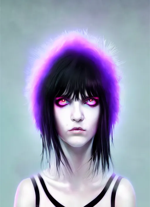 Image similar to whitebangs, black hair, black cyberlox, portrait of normal teenage girl, normal face, white bangs, fluffy bangs, cyberlox, whitebangs, red contact lenses, purple background, intricate, elegant, highly detailed, digital painting, artstation, concept art, sharp focus, smooth, illustration, art by wlop, mars ravelo and greg rutkowski