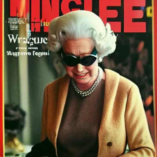 Image similar to magazine cover photo of Elizabeth II using gigantic steampunk googles portrait photo by Slim Aarons in 1965 TIMES magazine cover photo, color