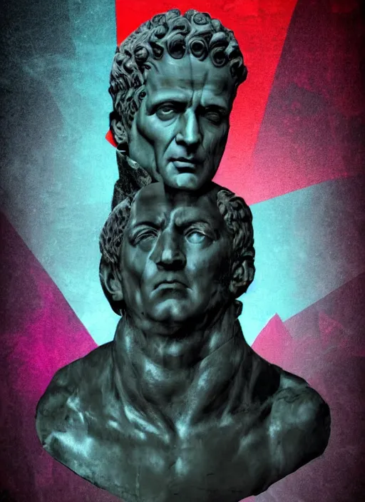 Image similar to design poster showing a statue of julius caesar, black background with very subtle red and purple text and design elements, powerful, nekro, graphic design, collage art, thin lines, dark, glitch art, neo vaporwave, gritty, layout frame, square, trending on artstation