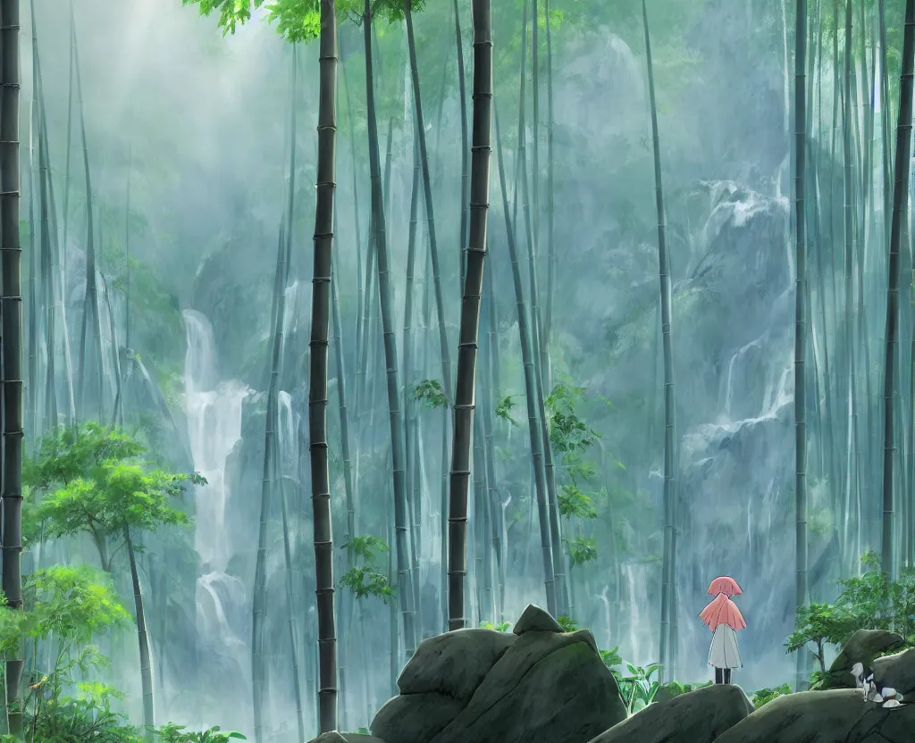 Prompt: a solitary figure in a misty japanese bamboo forest, cell shaded, huge waterfall, large rocky mountain, drawing, stylized anime, sun rays, soft, by hayao miyazaki, ghibli studio, makoto shinkai, toei animation, studio trigger, trending on artstation, 4 k, hd