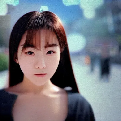 Image similar to 1990s, perfect, dynamic, epic, cinematic 8K HD movie shot of semi-close-up japanese beautiful cute young J-Pop idol actress girl face, she express joy and posing. By a Chinese movie director. Motion, VFX, Inspirational arthouse, at Behance, with Instagram filters, Photoshop, Adobe Lightroom, Adobe After Effects, taken with polaroid kodak portra