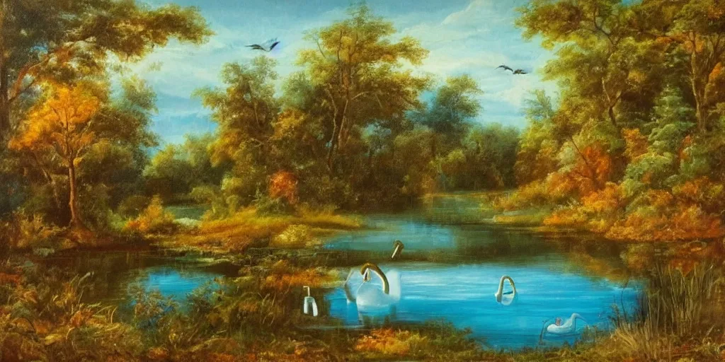 Image similar to painting of a small lake with one swans in it, in a forest, blue water, stunning colors, fairytale