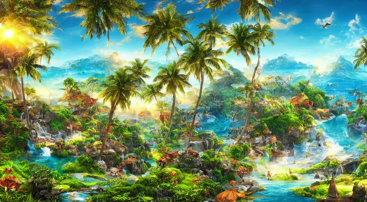 Image similar to epic paradise landscape, high definition, high detail, 8k, photorealistic,