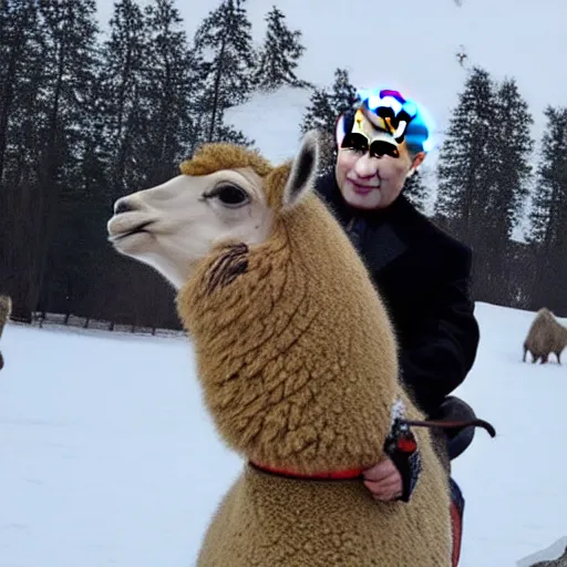 Image similar to vladimir putin riding a cute alpaca, epic shot