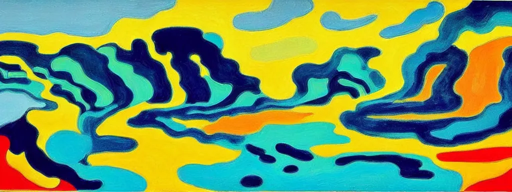 Image similar to Psychedelic sci-fi dreamworld. Landscape painting. Organic. Winding rushing water. Waves. Clouds. Landscape by Alex Katz. Wayne Thiebaud. Matisse.