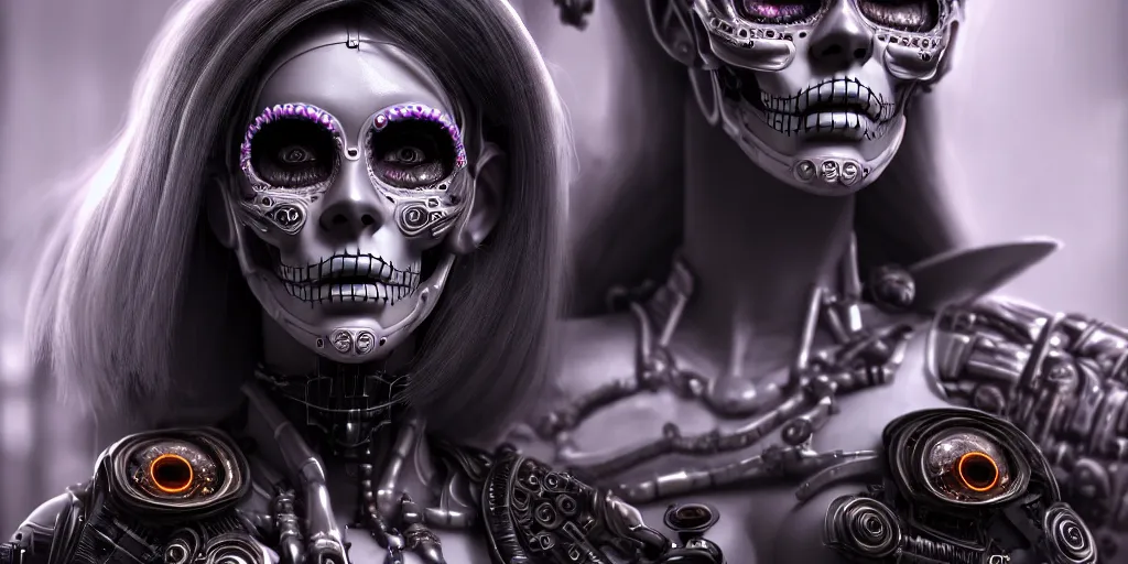 Image similar to ultra detailed, Mechanical Cyberpunk Female Android, dia de los muertos, cyberpunk, fantasy, intricate details, elegant, super highly detailed, professional digital painting, artstation, concept art, smooth, sharp focus, no blur, no dof, extreme illustration, Unreal Engine 5, Photorealism, HD quality, 8k resolution, cinema 4d, 3D, beautiful, cinematic, art by artgerm and michael welan and DZO and greg rutkowski and alphonse mucha and loish and WLOP