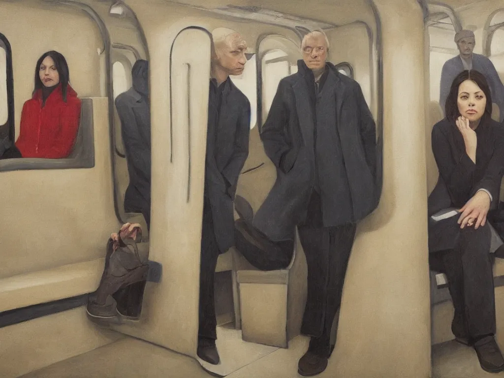 Image similar to an oil painting by Grant Wood, a low angle medium shot of two people sitting in an empty Chicago subway train, in front of windows: a sad Aubrey Plaza wearing a parka and a friendly Mads Mikkelsen in a suit