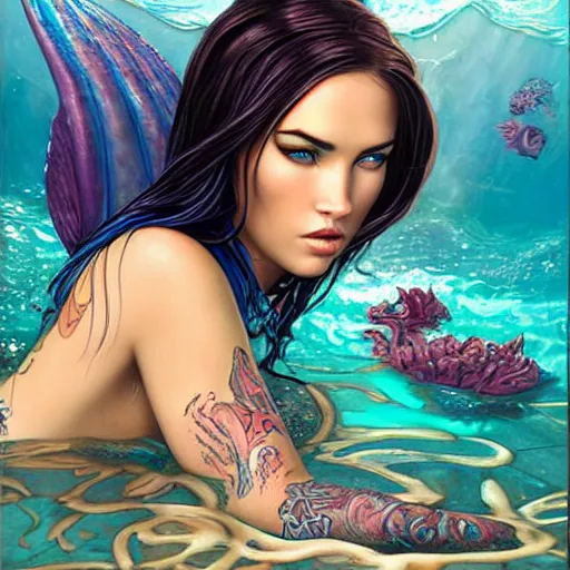 Image similar to underwater mermaid portrait of megan fox, Pixar style, by Tristan Eaton Stanley Artgerm and Tom Bagshaw.