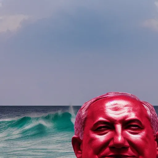 Prompt: a giant benjamin netanyahu sculpture made out of juicy red jelly, in the sea, long shot, hyper detailed, hyper realistic, ray tracing, 8 k resolution, sharp focus, realistic water, award winning