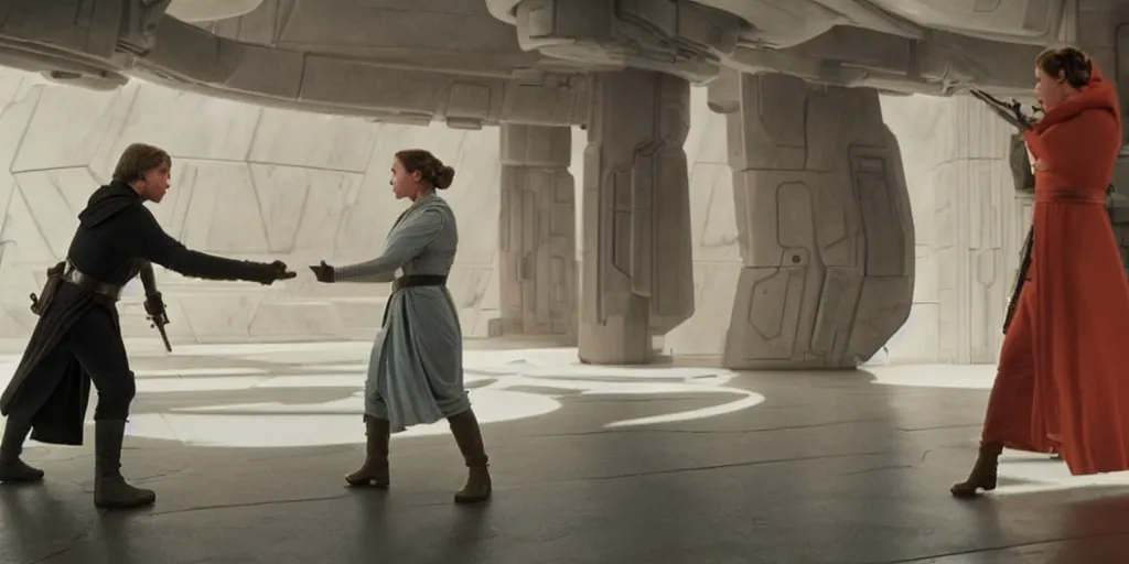 Prompt: Luke Skywalker teaches Leia the force at Jedi Temple scene from the last jedi, 2022, film by Stanley Kubrick, serene, iconic scene, stunning cinematography, hyper detailed, sharp, anamorphic lenses, kodak color film