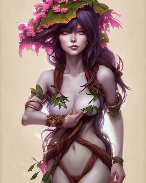 Image similar to character concept art of ssunbiki as a dryad | | foliage clothing, cute - fine - face, pretty face, realistic shaded perfect face, fine details by stanley artgerm lau, wlop, rossdraws, james jean, andrei riabovitchev, marc simonetti, and sakimichan, tranding on artstation