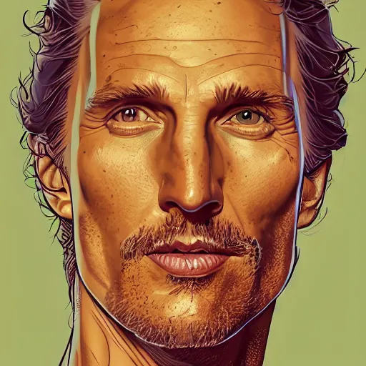 Image similar to a study of cell shaded portrait of matthew mcconaughey concept art, llustration, post grunge, concept art by josan gonzales and wlop, by james jean, Victo ngai, David Rubín, Mike Mignola, Laurie Greasley, highly detailed, sharp focus, alien, Trending on Artstation, HQ, deviantart, art by artgem