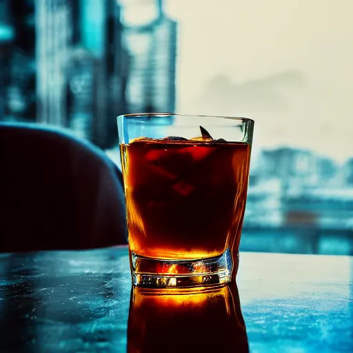 Prompt: cola with whisky in glass on a table, cyberpunk lights, macro photo