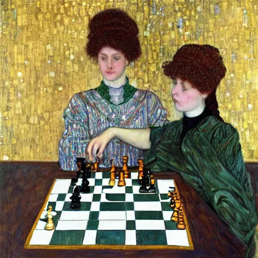 Image similar to two young edwardian women playing chess, in the style of Gustav Klimt