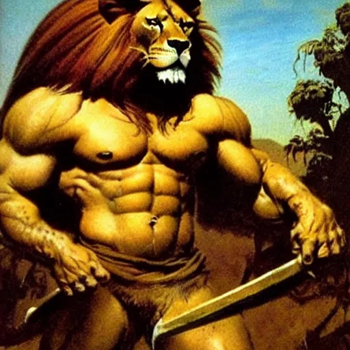 Image similar to a lion headed muscular barbarian by Frank Frazetta, in a savanna
