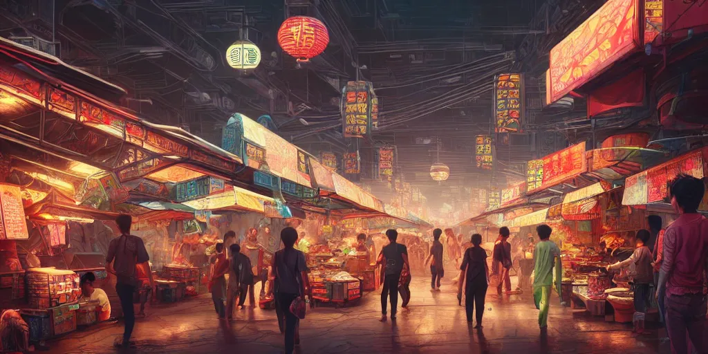 Prompt: an intricate concept art of sci - fi asian street market, a makeshift stalls, hyper detail, ultra realistic, style by dylan cole and artgerm, trending in artstation, cgsociety, 8 k, octane render, high contrast, 3 d render