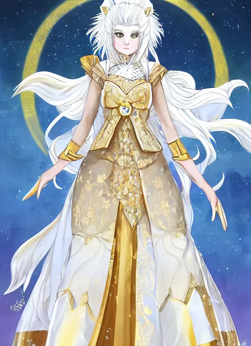 Image similar to commissioned full body portrait of a female anthro wolf princess fursona with white hair wearing a white and gold Japanese armored dress in a white and gold palace on a starry night with a large crescent moon, by a professional manga illustrator, Stanley Artgerm Lau, WLOP, Rossdraws, James Jean, Andrei Riabovitchev, Marc Simonetti, and Sakimichan, trending on artstation