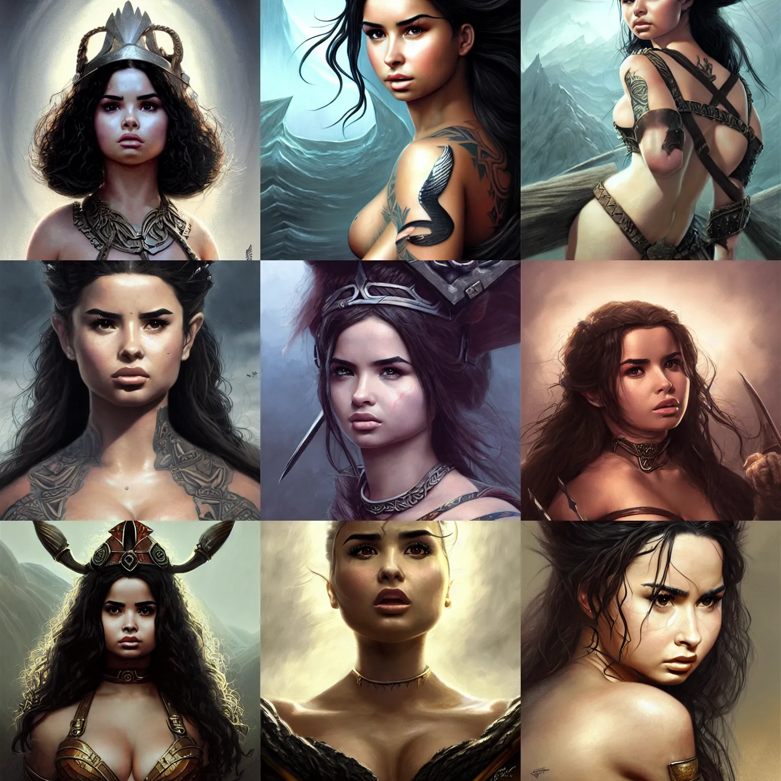 Prompt: demi rose, legendary warrior, fighter, lord of the rings, tattoos, decorative ornaments, full platemail, perfect face, detailed, face centered in composition, rule of thirds, photorealistic shading, digital painting, by brom, wlop, and greg rutkowski