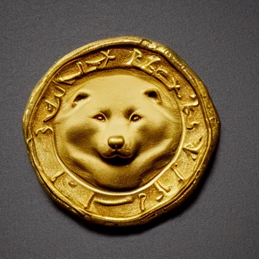 Prompt: an ancient roman gold coin with the face of a cute shiba inu, close up photo, ultra realistic, studio photo, bokeh. intricate details.