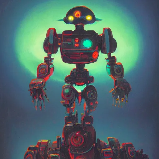 Image similar to a dark and colorful close - up of a sci - fi mecha courage the cowardly dog with led lights glowing fog in the background. highly detailed science fiction painting by norman rockwell, frank frazetta, and syd mead. rich colors, high contrast, gloomy atmosphere, dark background. trending on artstation