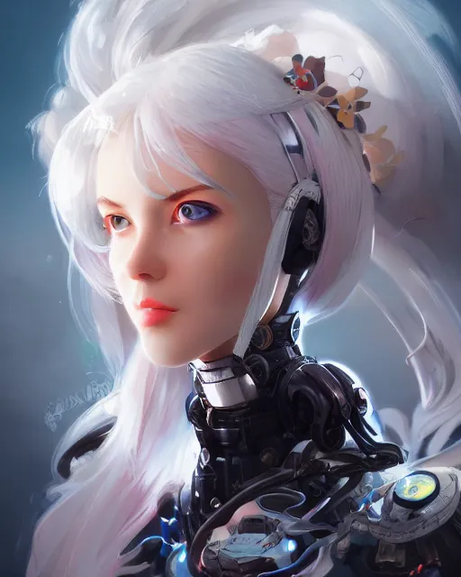 Image similar to cyborg girl with white hair and black skirt, flower decorations, dreamy, beautiful illustration, scifi, atmosphere, top lighting, blue eyes, focused, perfect composition, artstation, highly detailed, art by yuhong ding and chengwei pan and serafleur and ina wong