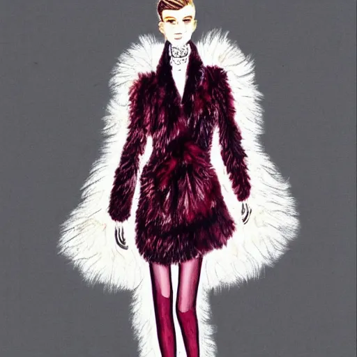 Image similar to a light feminine dress made of feathers and burgundy fur, fashion sketch by karl lagerfeld