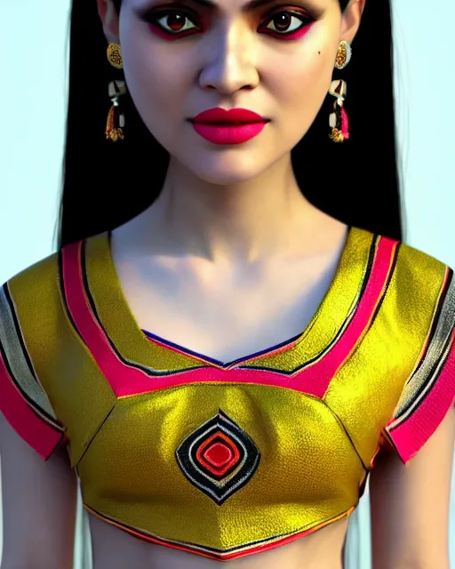 Prompt: a beautiful cute girl wearing modern stylish costume in the style of Assamese bihu mekhela sador gamosa design, commercial fashion design art by Victor Nizovtsev, face by artgerm and daz3d genesis iray, cinematic lightning, medium shot, mid-shot, slim female figure ramp walk model pose, highly detailed, trending on Artstation, Unreal Engine 4k, cinema 4d ray traced 8k fabric texture details, octane render