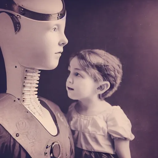 Image similar to portrait of a life size victorian female clockwork robot standing in with a human child in her care, 8 k, soft lighting, highly detailed realistic, face in focus polaroid photography