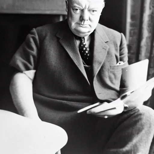 Image similar to A black and white photograph, circa 1940s, of Winston Churchill looking down at his smartphone