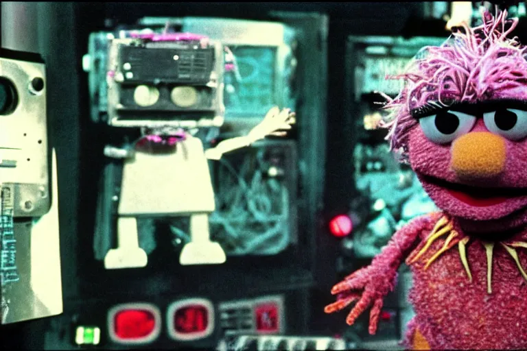 Prompt: muppet cyborg - pitbull, surrounded by screens, in 1 9 7 6, y 2 k cybercore, industrial low - light photography, still from a ridley scott movie