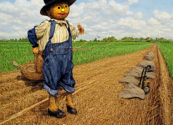 Image similar to a cute short and wide scarecrow with straw for hair and with a straw hat in overalls walking on a dirt road next to a large tall corn field, by tom lovell, ross tran, terry redlin, jean baptiste monge, beatrix potter, painterly