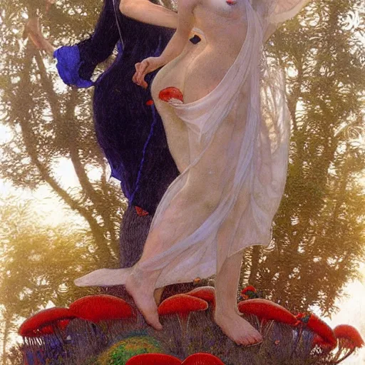 Image similar to masterpiece full body portrait of a two beautiful fairies romping on a giant amanita muscaria mushroom cap, by Edgar Maxence and Ross Tran and Michael Whelan and Gustav Klimpt