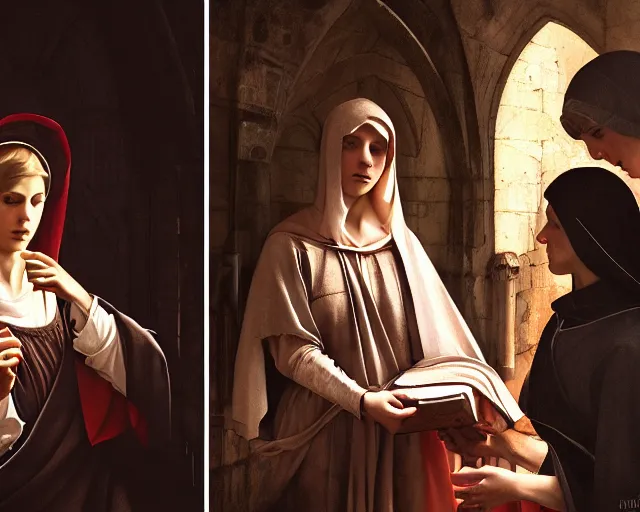 Prompt: photography of the three marys at the sepulchre, deep focus, biblical painting, illustration, art by artgerm and greg rutkowski and caravaggio