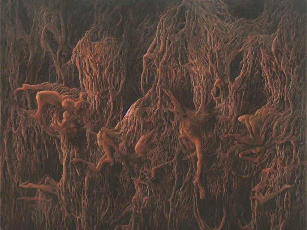 Image similar to down with my demons, by zdzislaw beksinski, oil on canvas