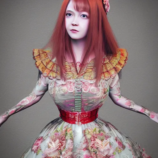 Prompt: highly detailed 3D render portrait young lady dressed in manga, floral renaissance dress