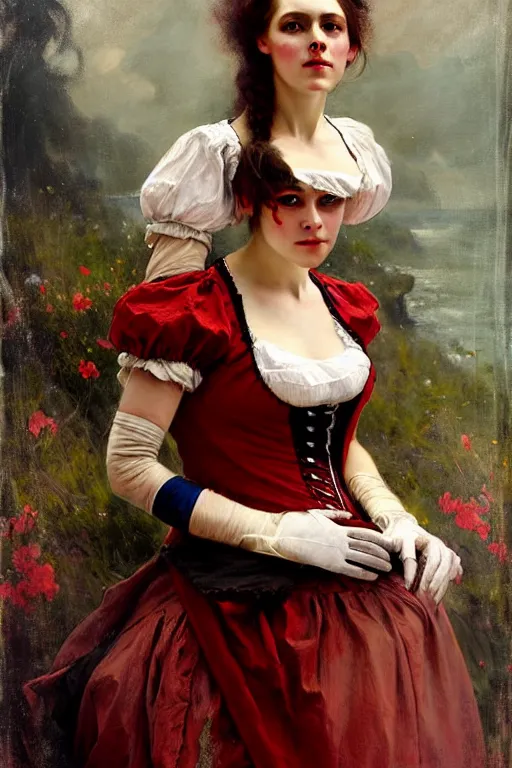 Image similar to solomon joseph solomon and richard schmid and jeremy lipking victorian genre painting full length portrait painting of a young beautiful woman wearing gloves traditional german french actress model pirate wench in fantasy costume, red background