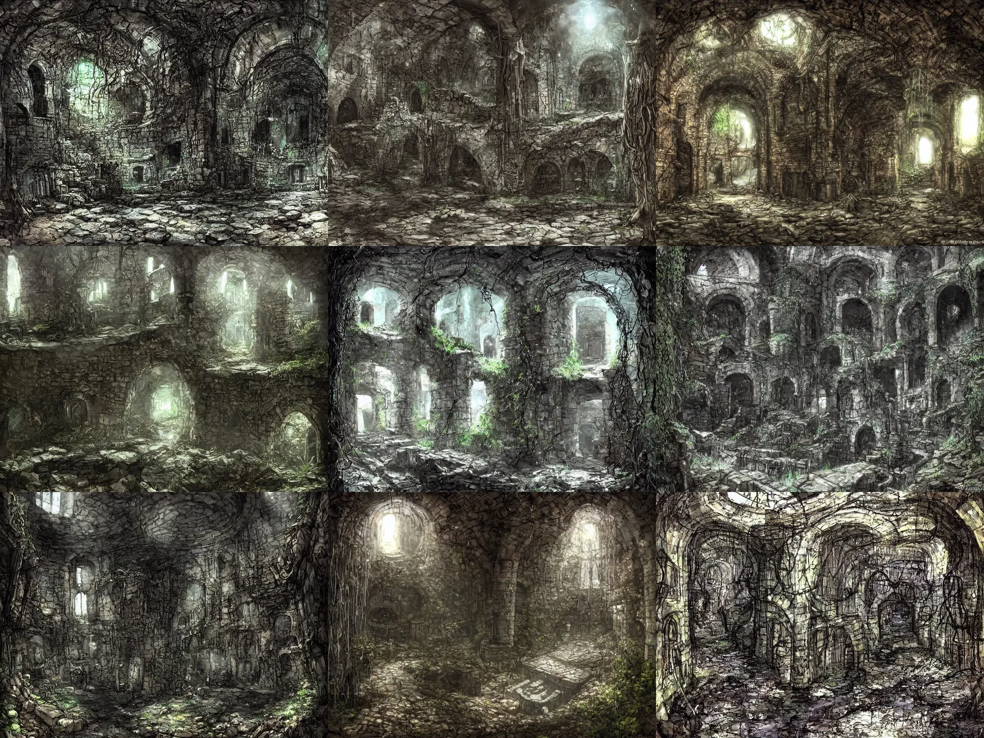 Prompt: inside the old sewers in the ruined part of the city. fantasy art, dripping water, vines, ruins, abandoned spaces, darkness and light, dungeons and dragons.